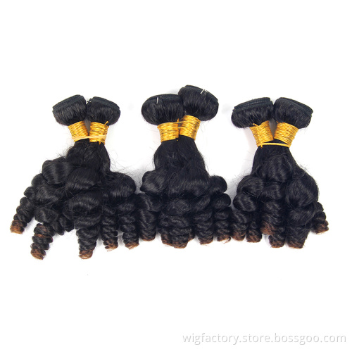 Wholesale 100% unprocessed human fumi bouncy curl, two tone human hair weave with closure
